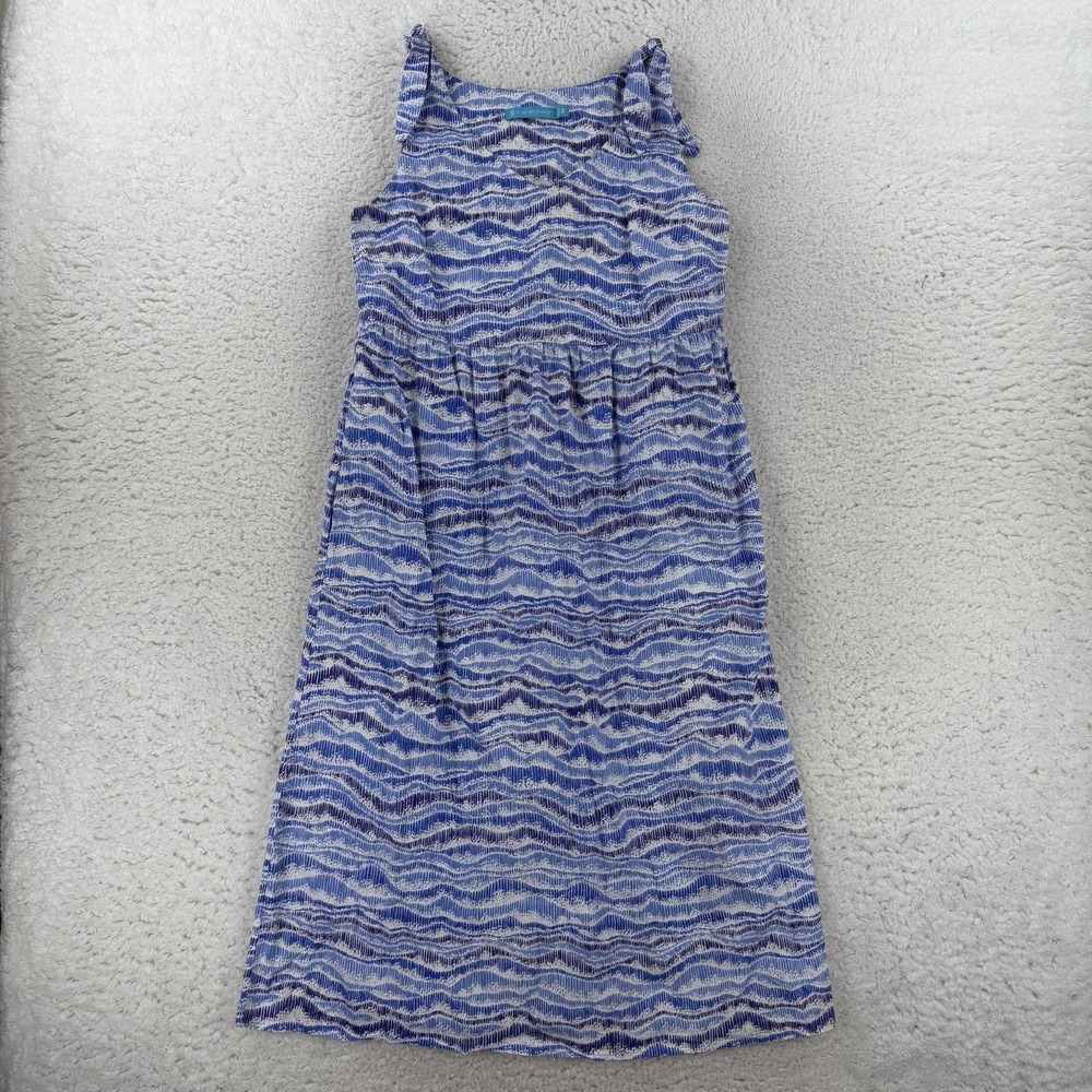 Tori Richard Dress Womens Medium Blue Wave Stripe V Neck Tank Midi Pockets 7647